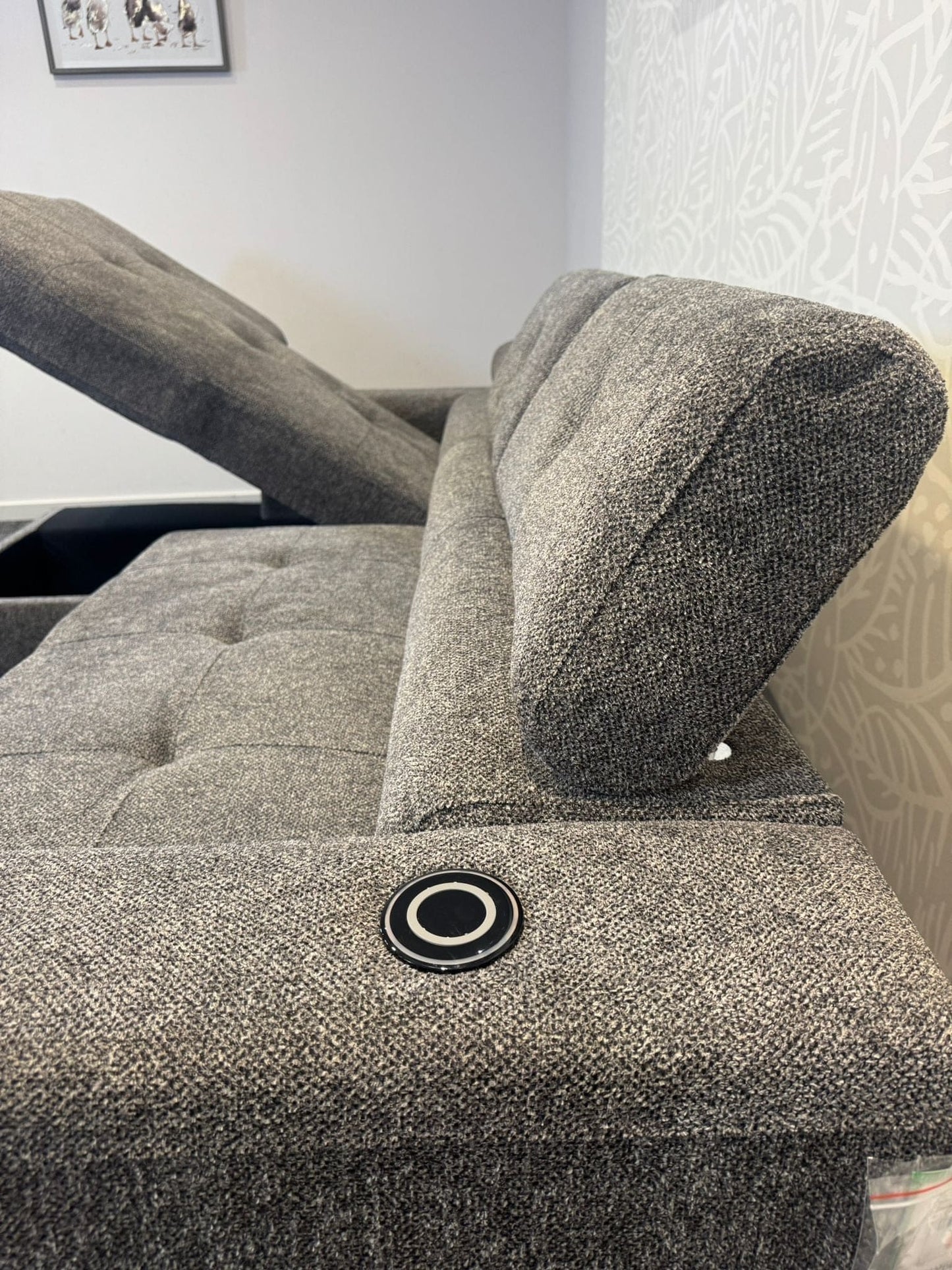 RHF Grey Fabric Sofa Bed + Storage Ottoman + Adjustable Headrests + Drinks Holder + Wireless Charger