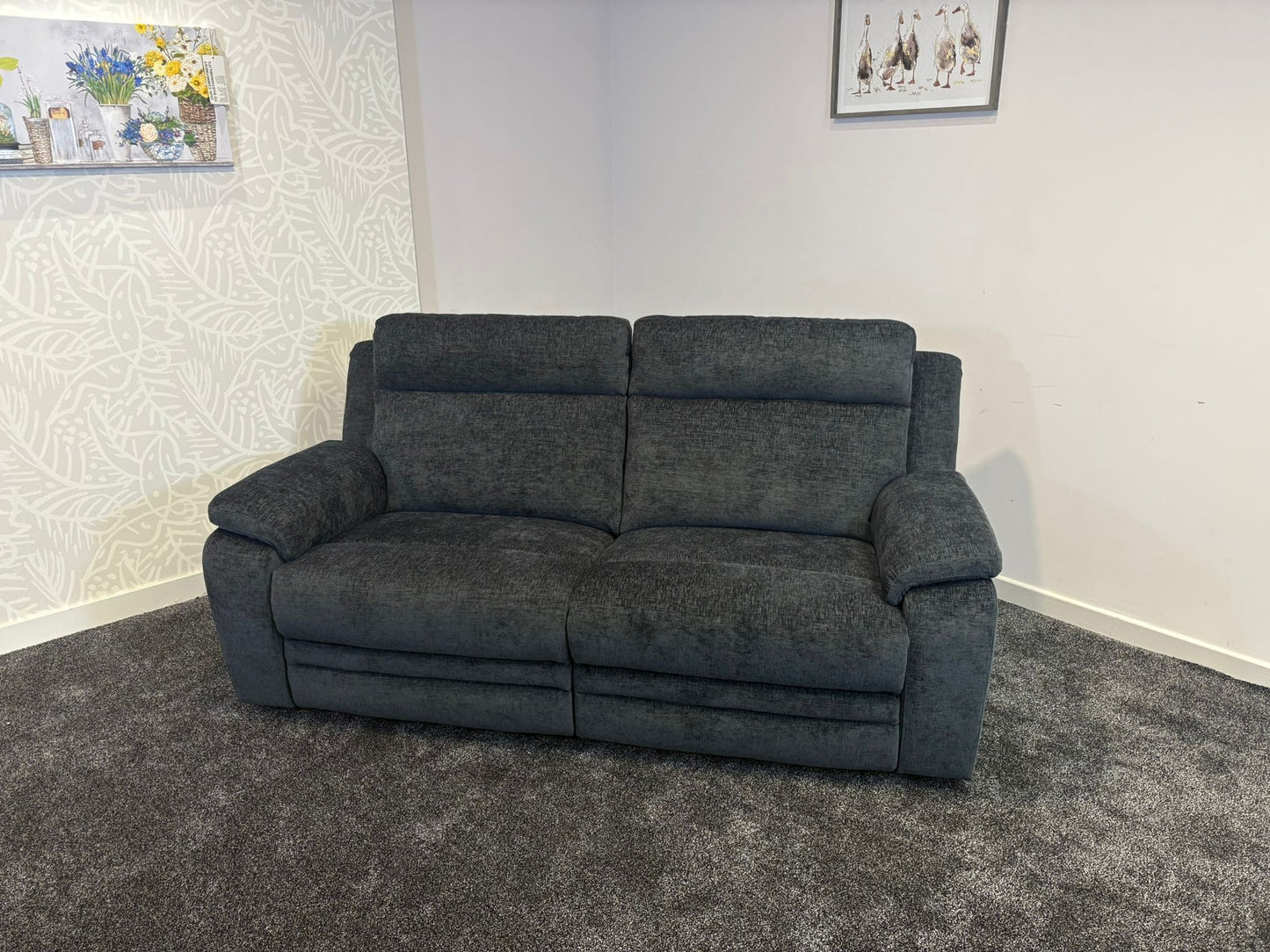 "Barretta" Electric / Power Reclining Grey Fabric Sofa Set - USB Charging & Drinks Tray Table