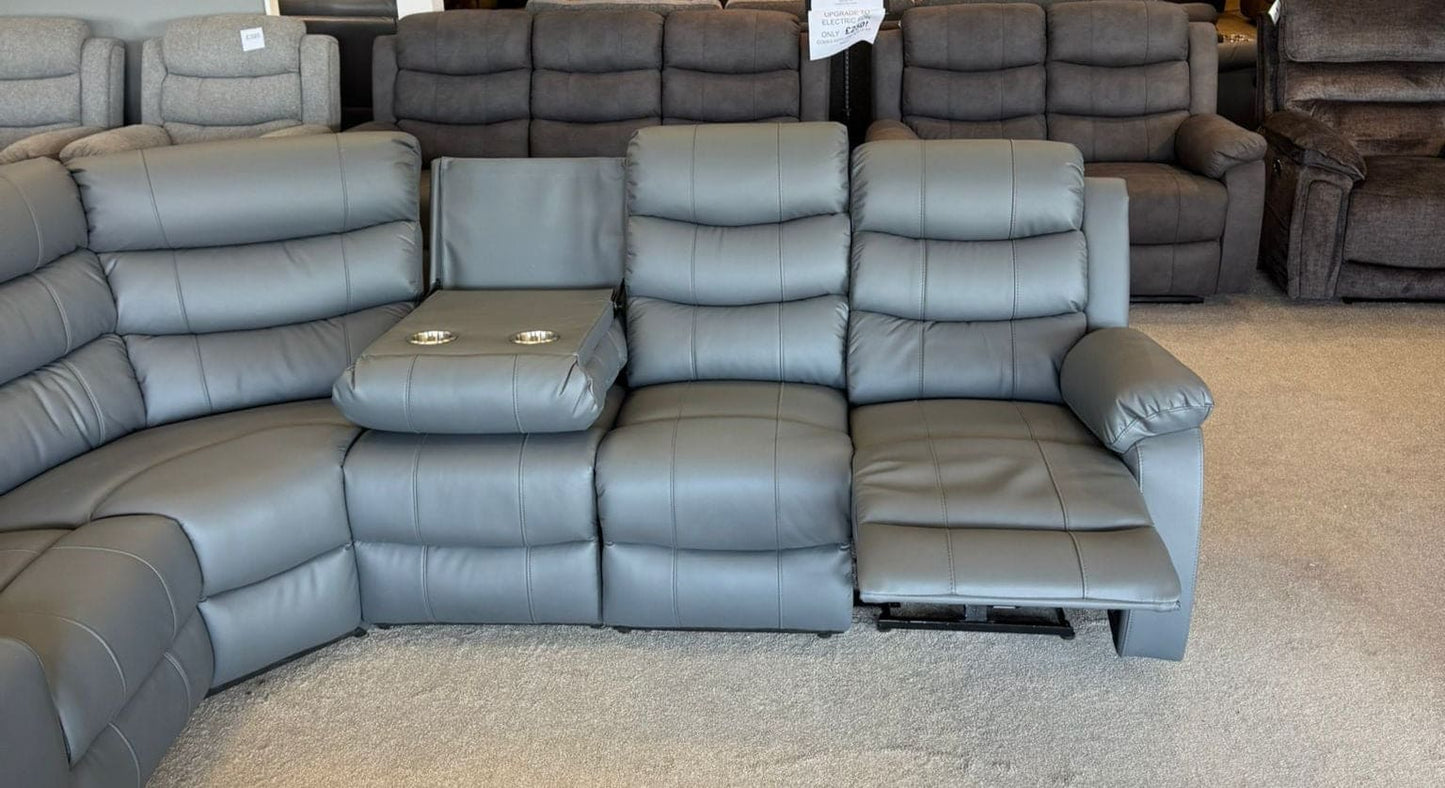 "Lando" Grey Leather 3C3C Recliner Corner Sofa Reversible | Drinks Tray Table | Modular