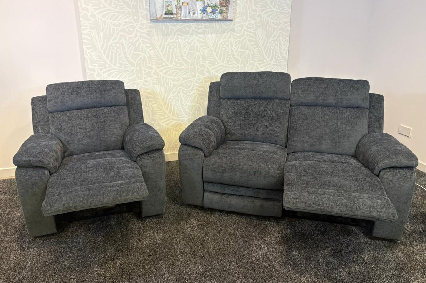 "Barretta" Electric / Power Reclining Grey Fabric Sofa Set - USB Charging & Drinks Tray Table