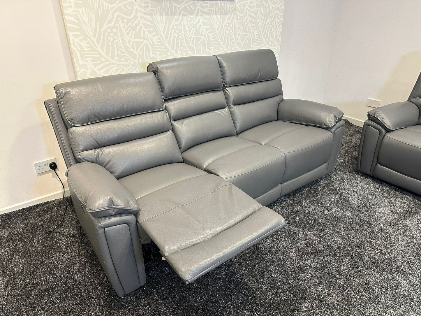 Donald Grey Leather Electric / Power Reclining 3 Seater + 2 Seater Sofa Suite Set With Drinks Coolers USB Charging Ports & Drop Down Tray Table