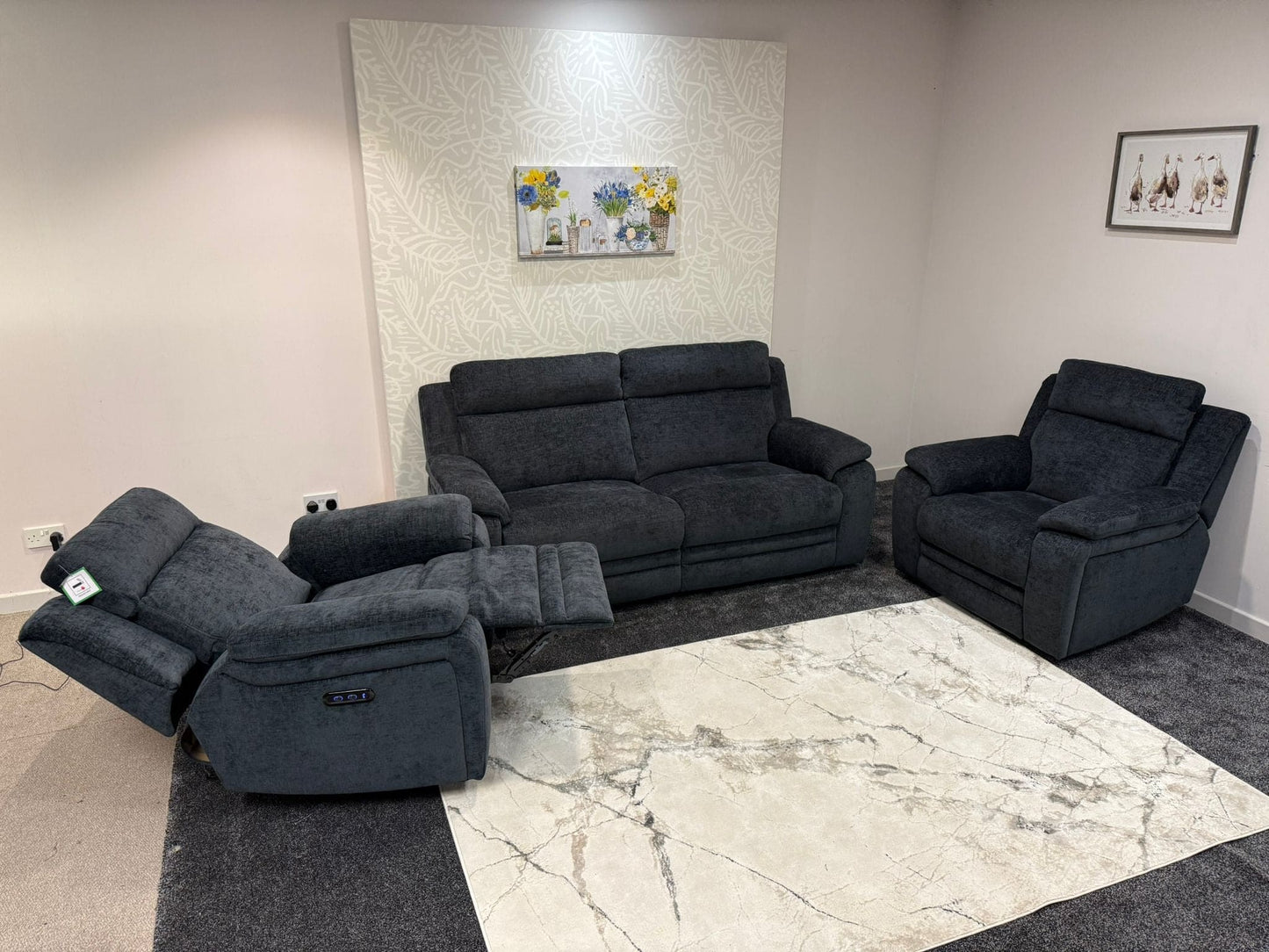 "Barre" Electric / Power Reclining Grey Fabric 3 + 2 Armhairs Sofa Set - USB Charging Ports