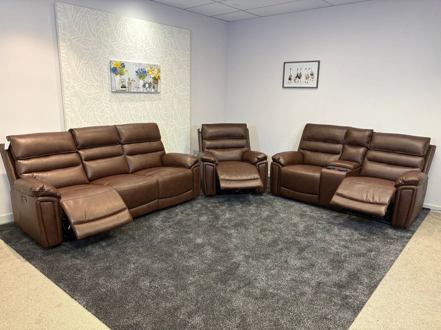 Donald Brown Leather Electric / Power Reclining Sofa Range Suite Set With USB Charging Ports & Drop Down Tray Table