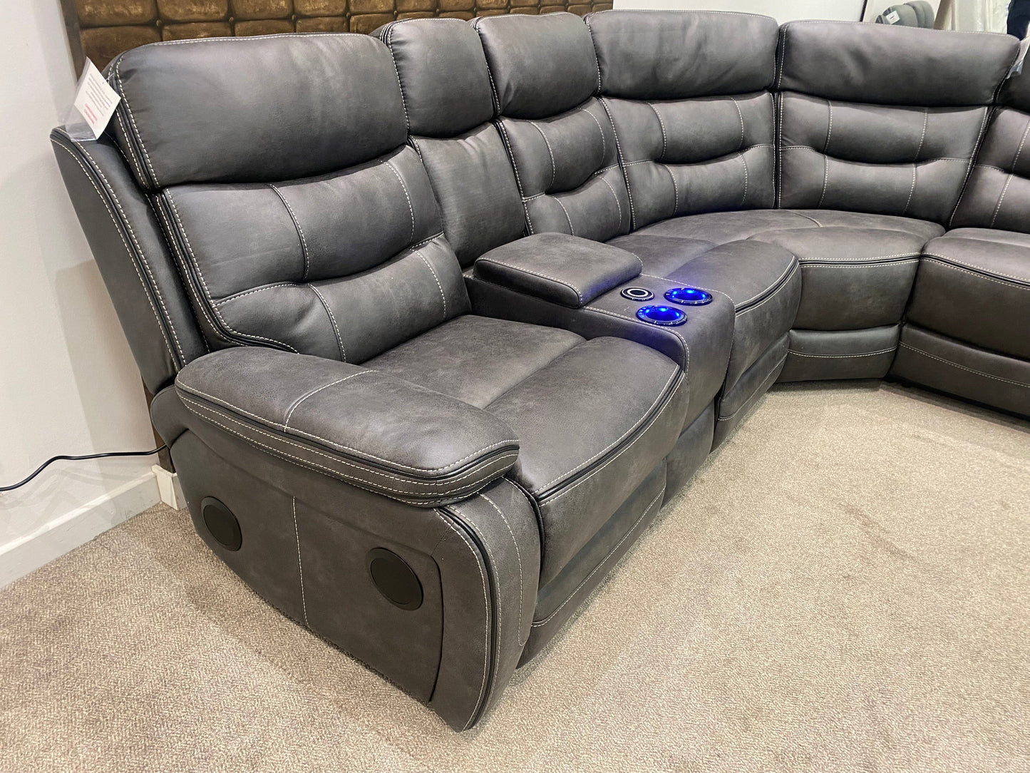 Cinema LHF Corner Sofa | Power Headrests | Drinks Coolers | Wireless Charging | Bluetooth Speakers | Express Smart Tech Grey Fabric Power Recliner Corner Sofa
