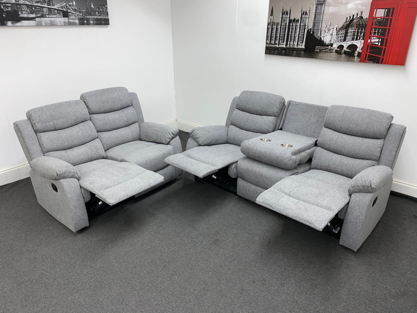 ‘Lewson’ Reclining Grey Fleck Fabric 3 Seater + 2 Seater Sofa Set + Drinks Tray Table | Couch |
