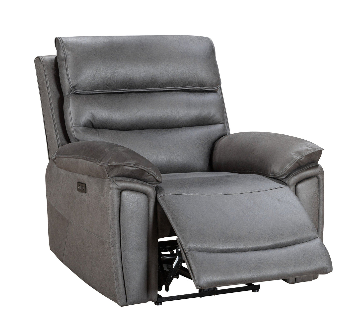 Donald Grey Suede Fabric Electric / Power Reclining Sofa Range Suite Set With USB Charging Ports & Drop Down Tray Table