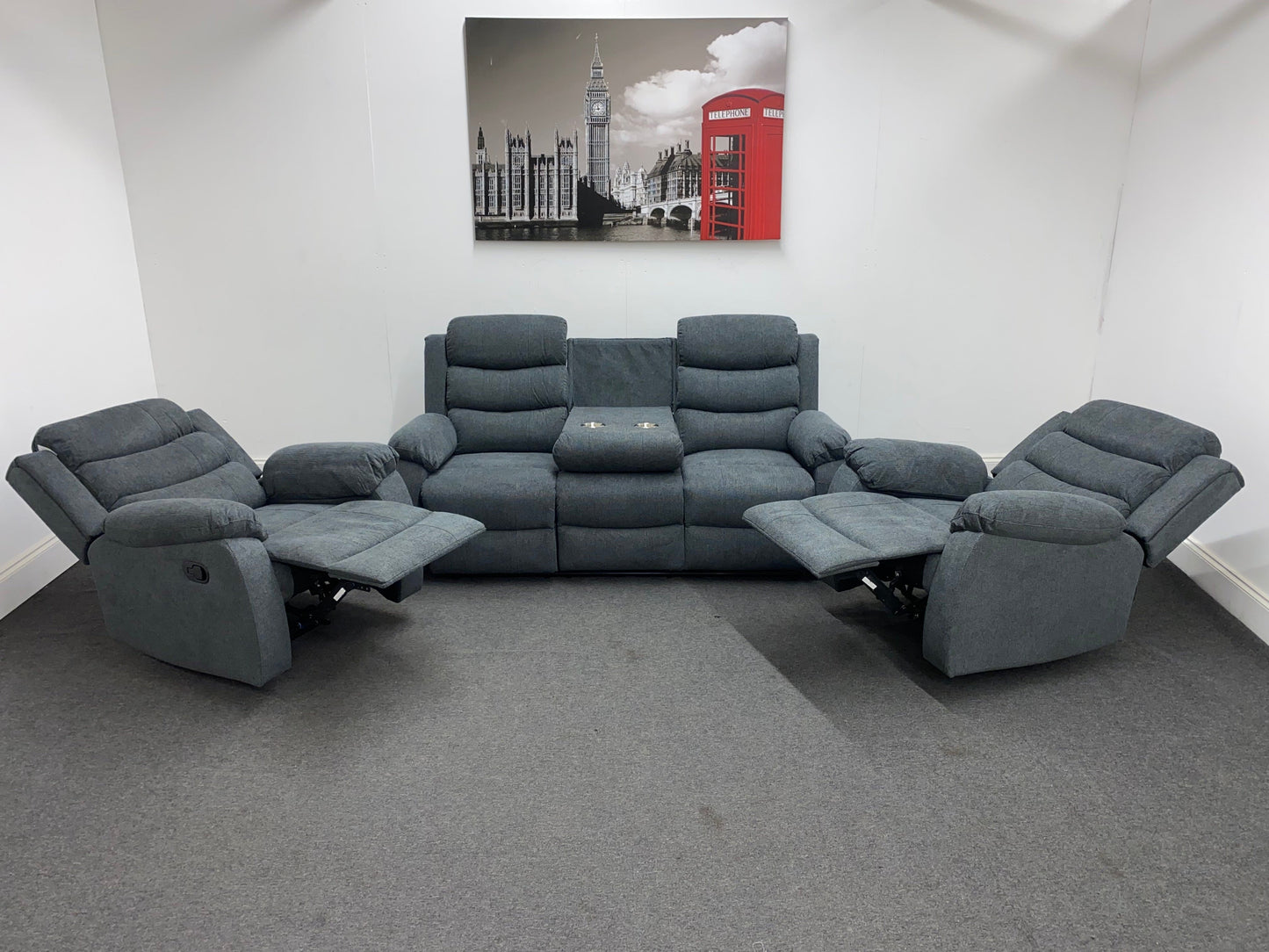 ‘Lewson’ Charcoal Grey Fabric Recliner 3 + 1 + 1 Seater with Drinks Tray Table