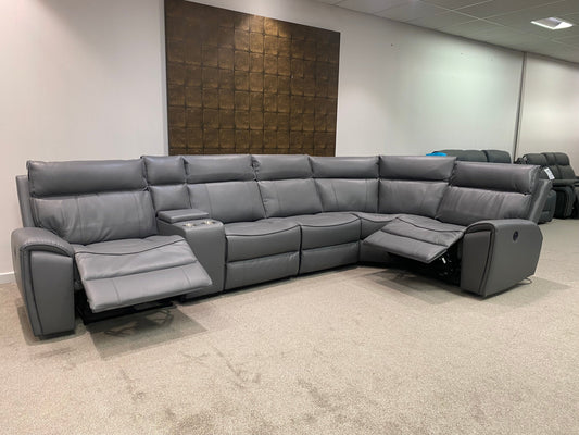 " Ronan " Milano Leather Sectional 6 Unit RHF Power Recliner Corner Sofa With USB Charing Ports + Drinks Console