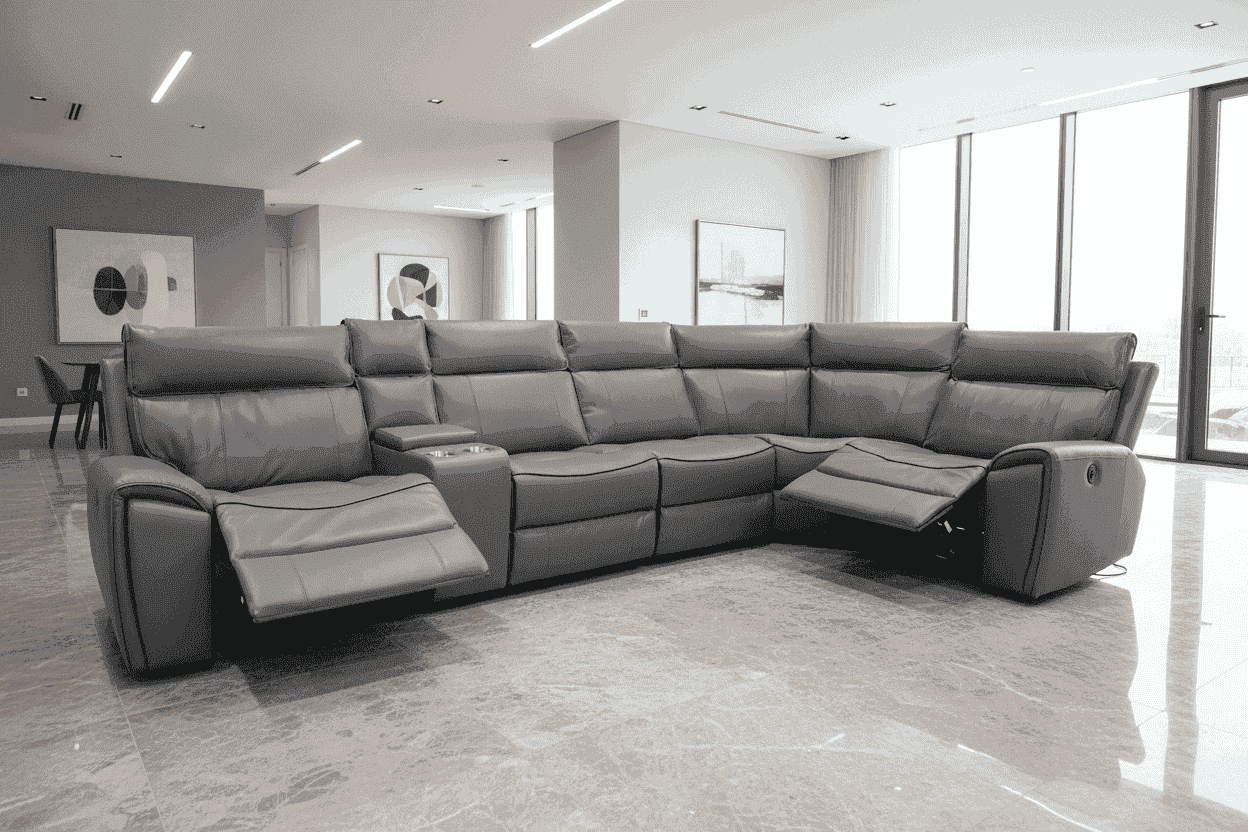 "Ronan" Grey Milano-Leather Electric Recliner Corner Sofa With USB Charing Ports + Drinks Console & Storage | Couch (Reversible)