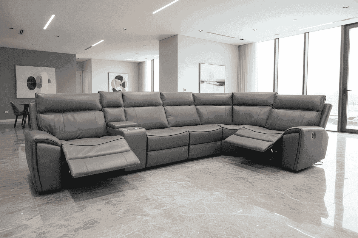 "Ronan" Grey Milano-Leather Electric Recliner Corner Sofa With USB Charing Ports + Drinks Console & Storage | Couch (Reversible)
