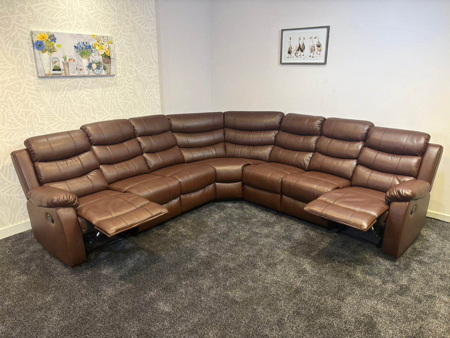"Lando" Brown Leather 3C3 Recliner Corner Sofa | Drinks Tray Table x 2 | Modular