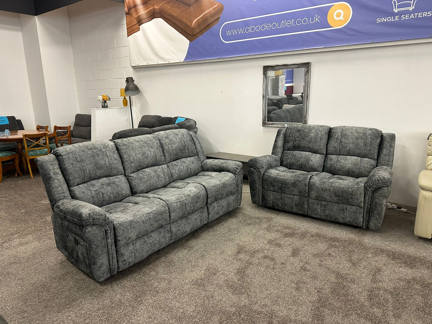 GALAXY Grey ELECTRIC Plush Velour Velvet 3 + 2 Seater Reclining Sofa Set With Drop Down Drinks Tray Table & USB Charging Ports