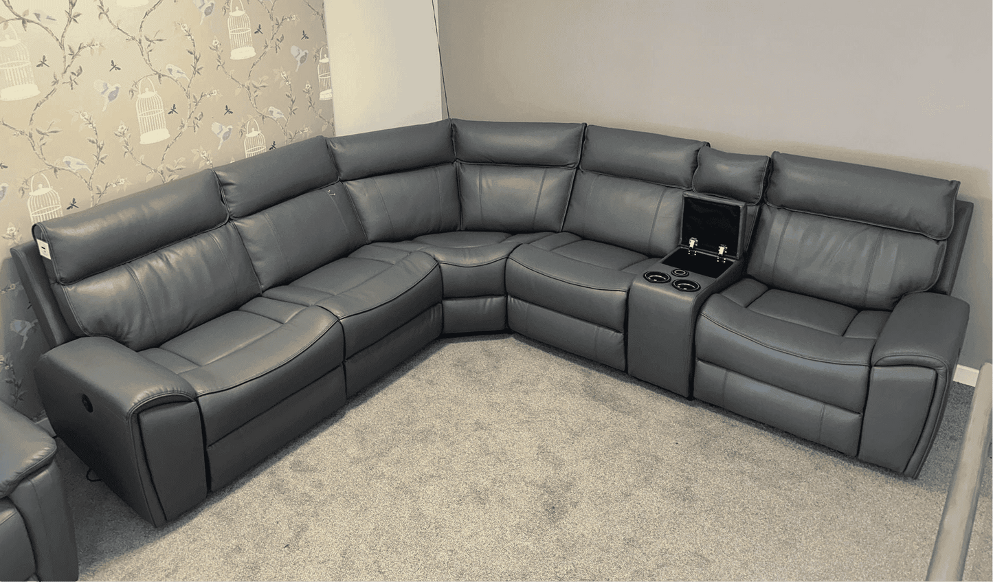 " Ronan " Drinks Cooling Cupholders Milano 2c2c Leather Sectional 6 Unit Power Recliner Corner Sofa With USB Charging Ports