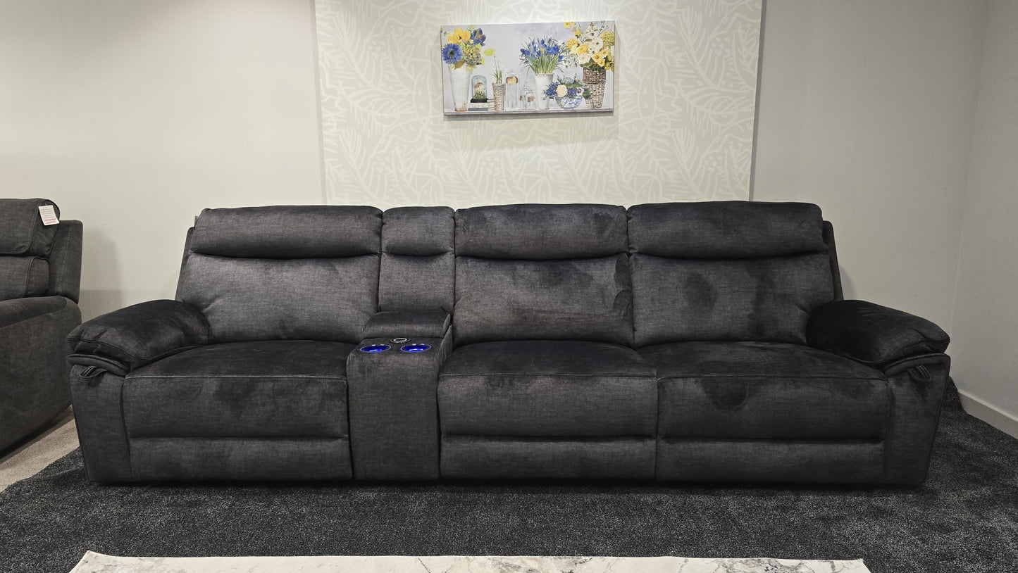 "Xavier" Reversible 5 Seater Cinema Sofa Grey Plush Fabric With Power Recliners, USB Charging Ports, Wireless Charging & Drinks Cooling Cup Holders. Laf + RAF + Armless + Tech Console