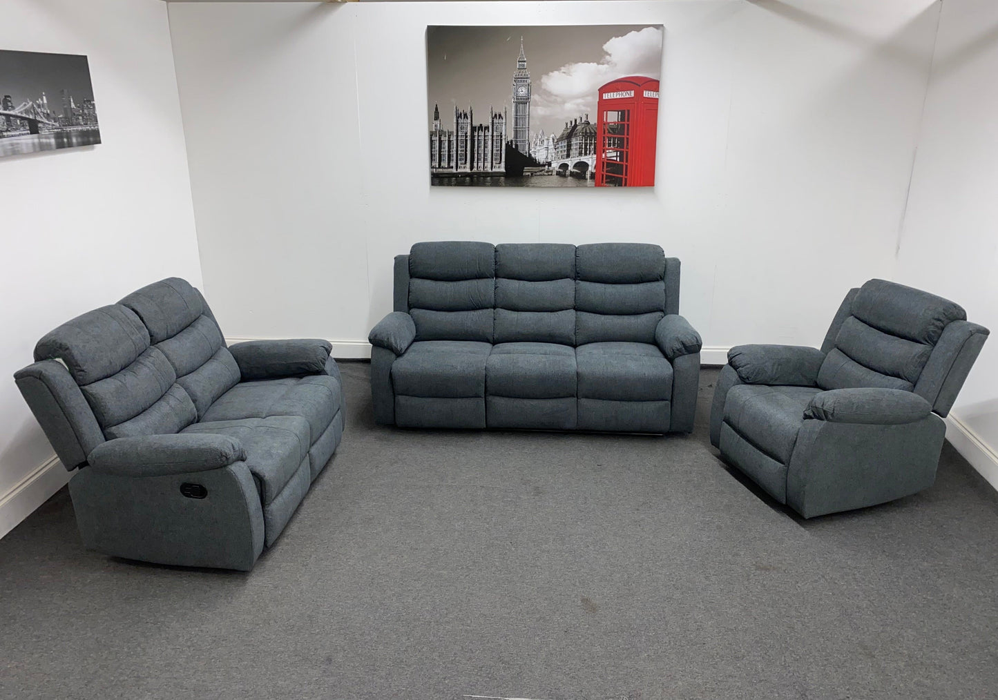 "Lewson" Manual Reclining Charcoal Grey Fabric Sofa Set Including a fold down drinks tray table. 3 seater, 2 seater or Chair | Couch |