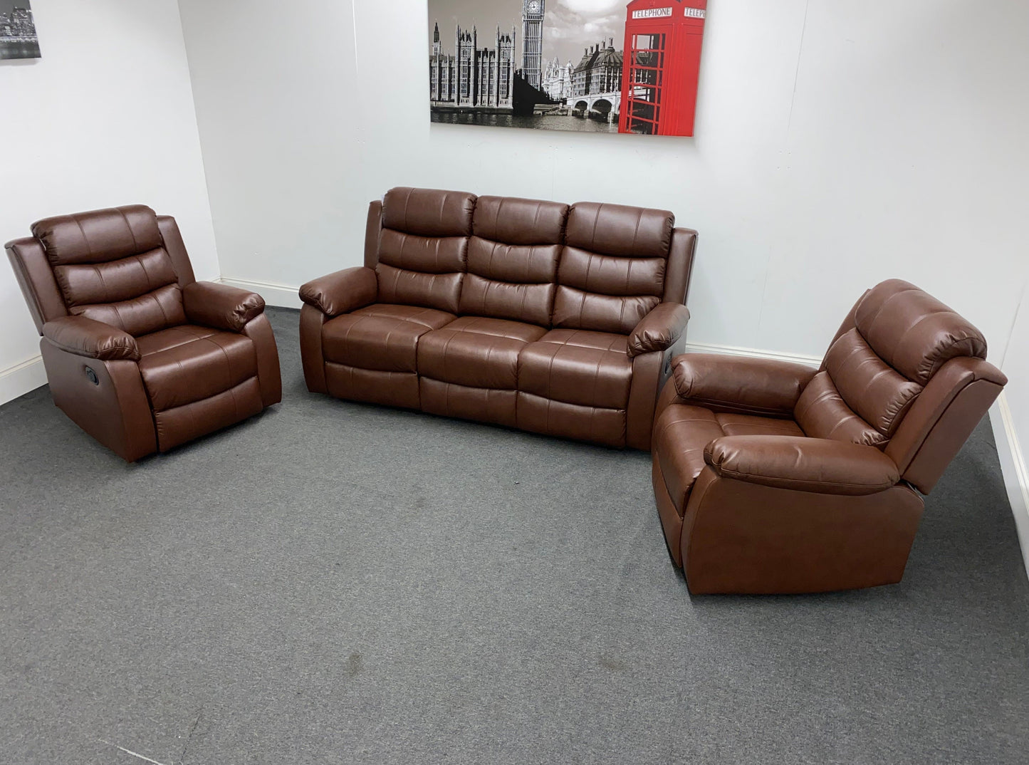 Lando Recliner Brown Leather 3 + 1 + 1 Seater Sofa (Couch) Set With Drop Down Drinks Table & 2 Stage Recliner Motion