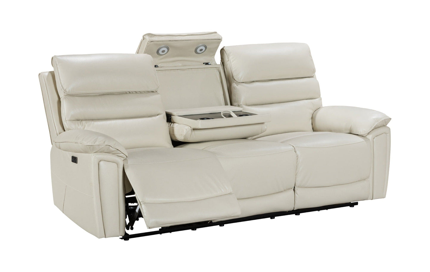 Donald Ivory Cream Leather Electric / Power Reclining 3 Seater Sofa With USB Charging Ports & Drop Down Tray Table