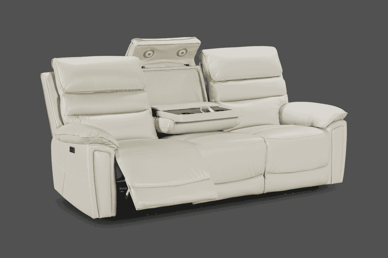 Calisese Ivory Cream Leather Electric Reclining 3 Seater + 2 Seater Sofa Set With USB Charging Ports & Drop Down Tray Table