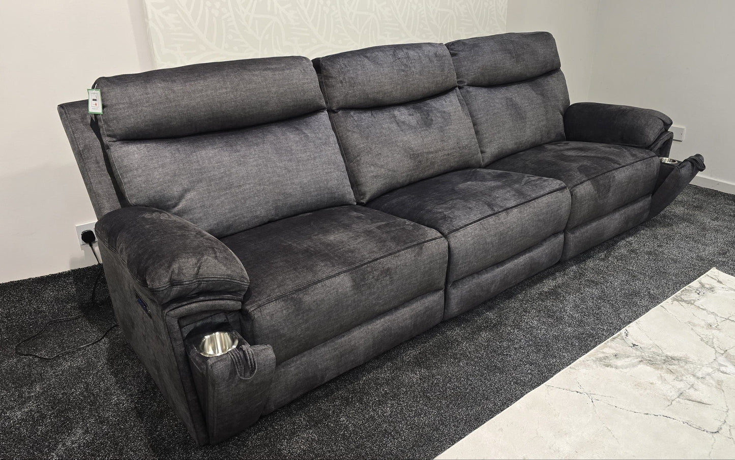 "Xavier" 5 Seater Sofa In Grey Plush Fabric & Comes With Power Recliners, USB Charging Ports & Fold Out Cup Holders. LAF + RAF Armless