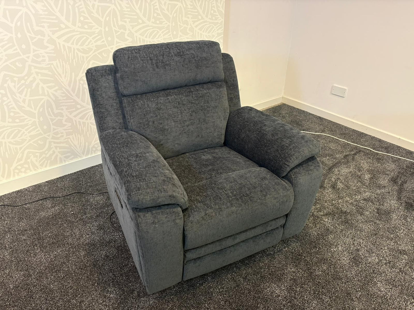 "Barretta" Electric / Power Reclining Grey Fabric Sofa Set - USB Charging & Drinks Tray Table