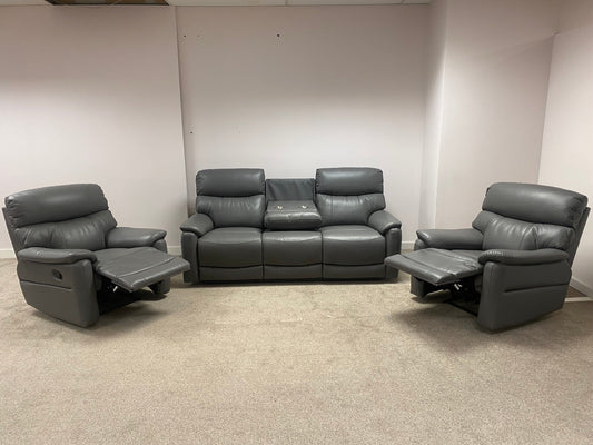 DFS MILANO Grey Leather Electric Reclining 3 + 1 + 1 Seater Sofa Suite Set + USB Ports & Drinks Tray Table | Couch |