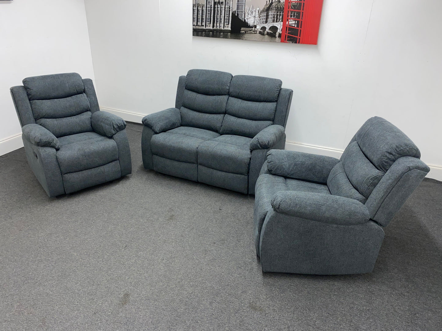 ‘Lewson’ Charcoal Grey Fabric Recliner 2 + 1 + 1 Seater Sofa + Armchair Sofa Suite Set | Couch |