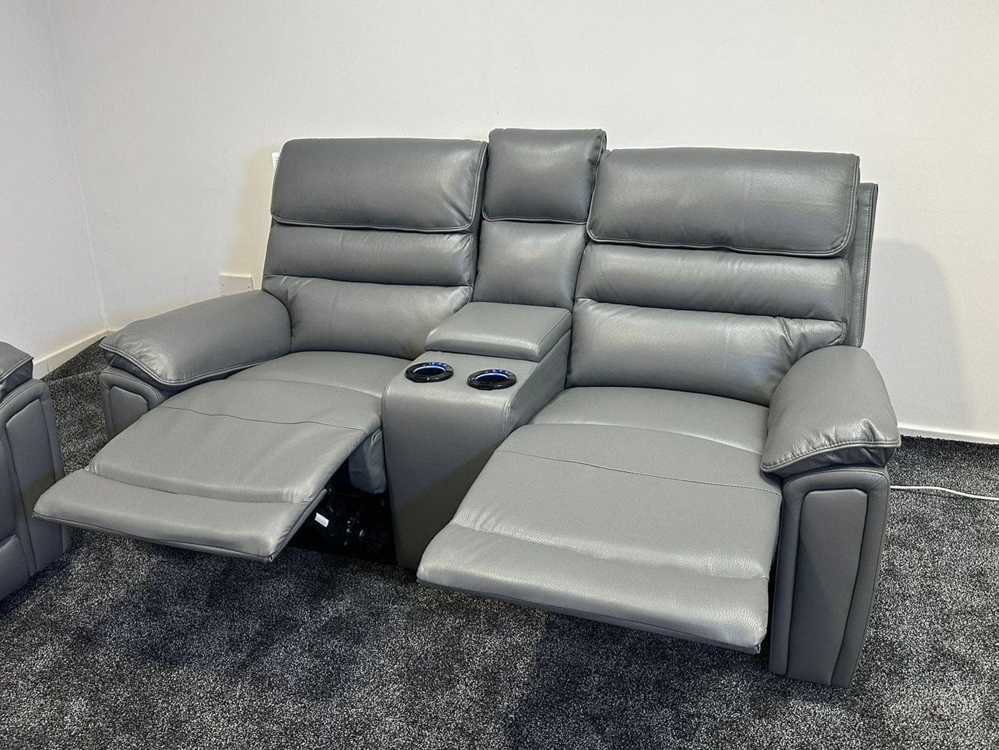 Donald Grey Leather Electric / Power Reclining 3 Seater + 2 Seater Sofa Suite Set With Drinks Coolers USB Charging Ports & Drop Down Tray Table
