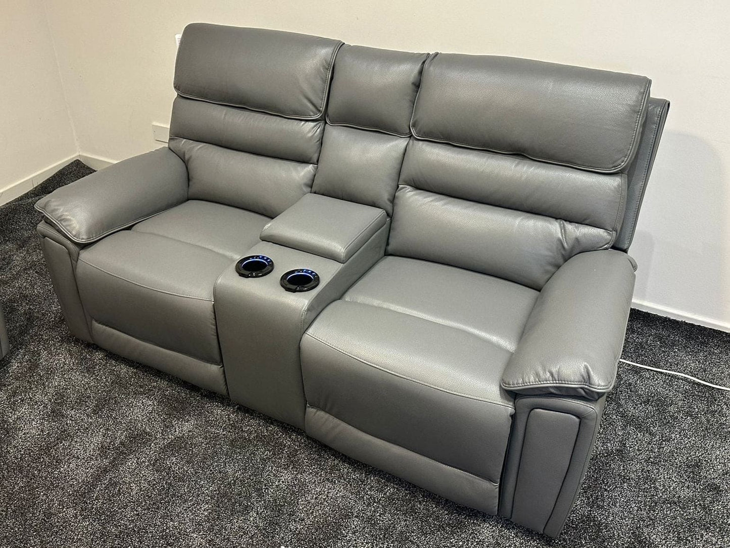 Donald Grey Leather Electric / Power Reclining 3 Seater + 2 Seater Sofa Suite Set With Drinks Coolers USB Charging Ports & Drop Down Tray Table