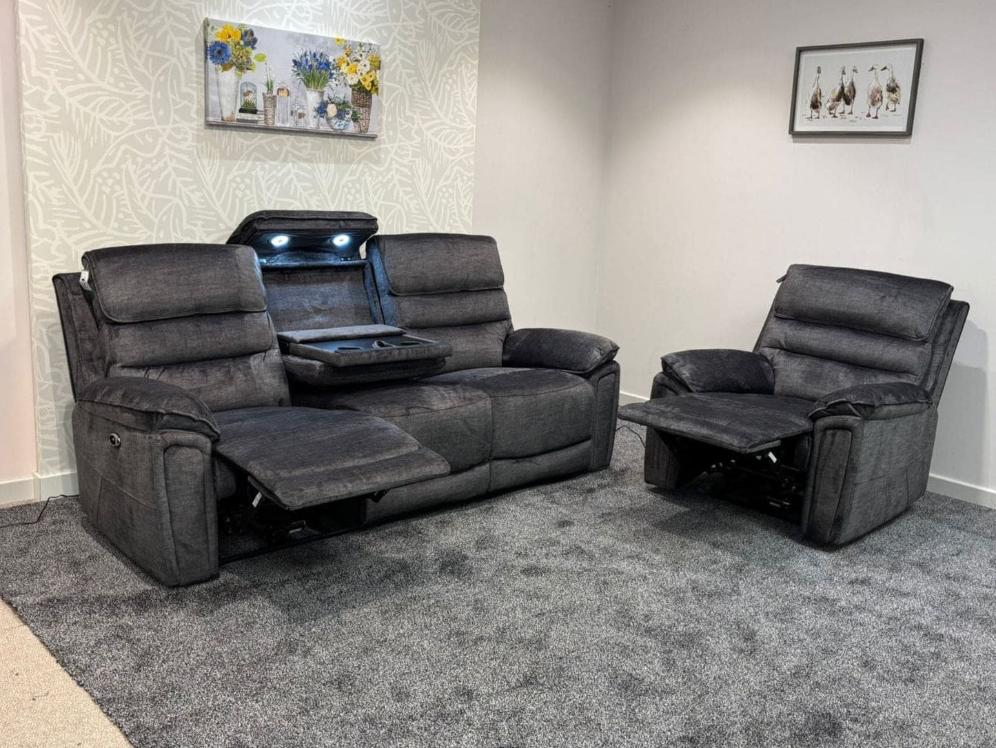 The “ Donald " Electric / Power Reclining Charcoal Grey Fabric Sofa Set - USB Charging & Drinks Tray Table Plus High Seating & Backrest Position | Couch |
