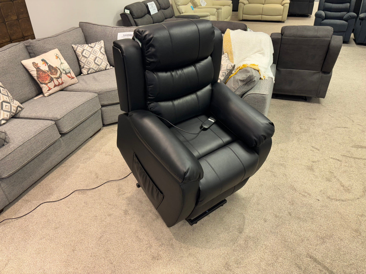 Dual Motor Electric Lando Black Leather Rise & Recliner 1 Seater Sofa / Armchair