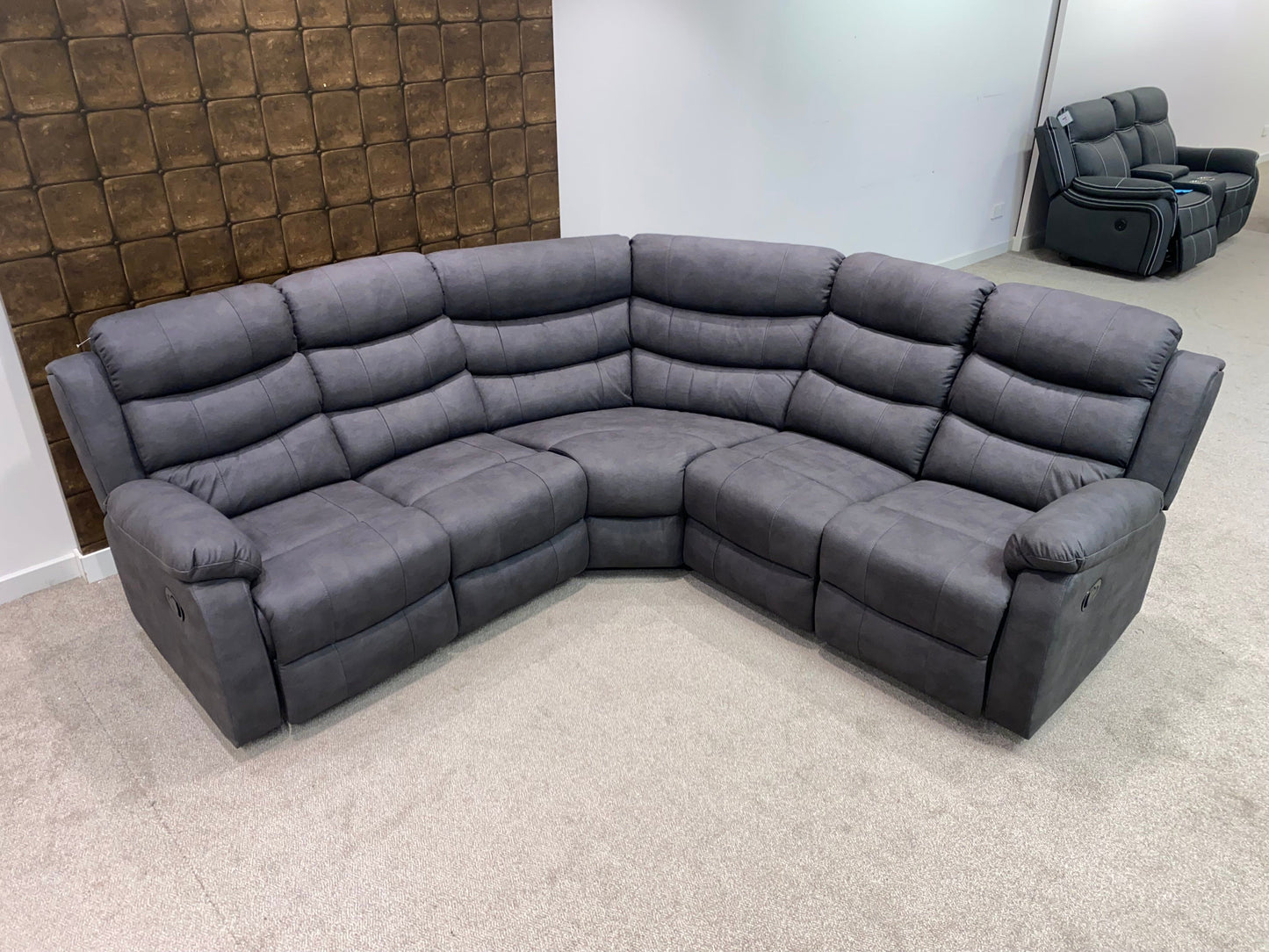 "Willow" Dark Grey Easy Clean Fabric 2C2 Recliner Modular Corner Sofa | 2 x Drinks Tray Table