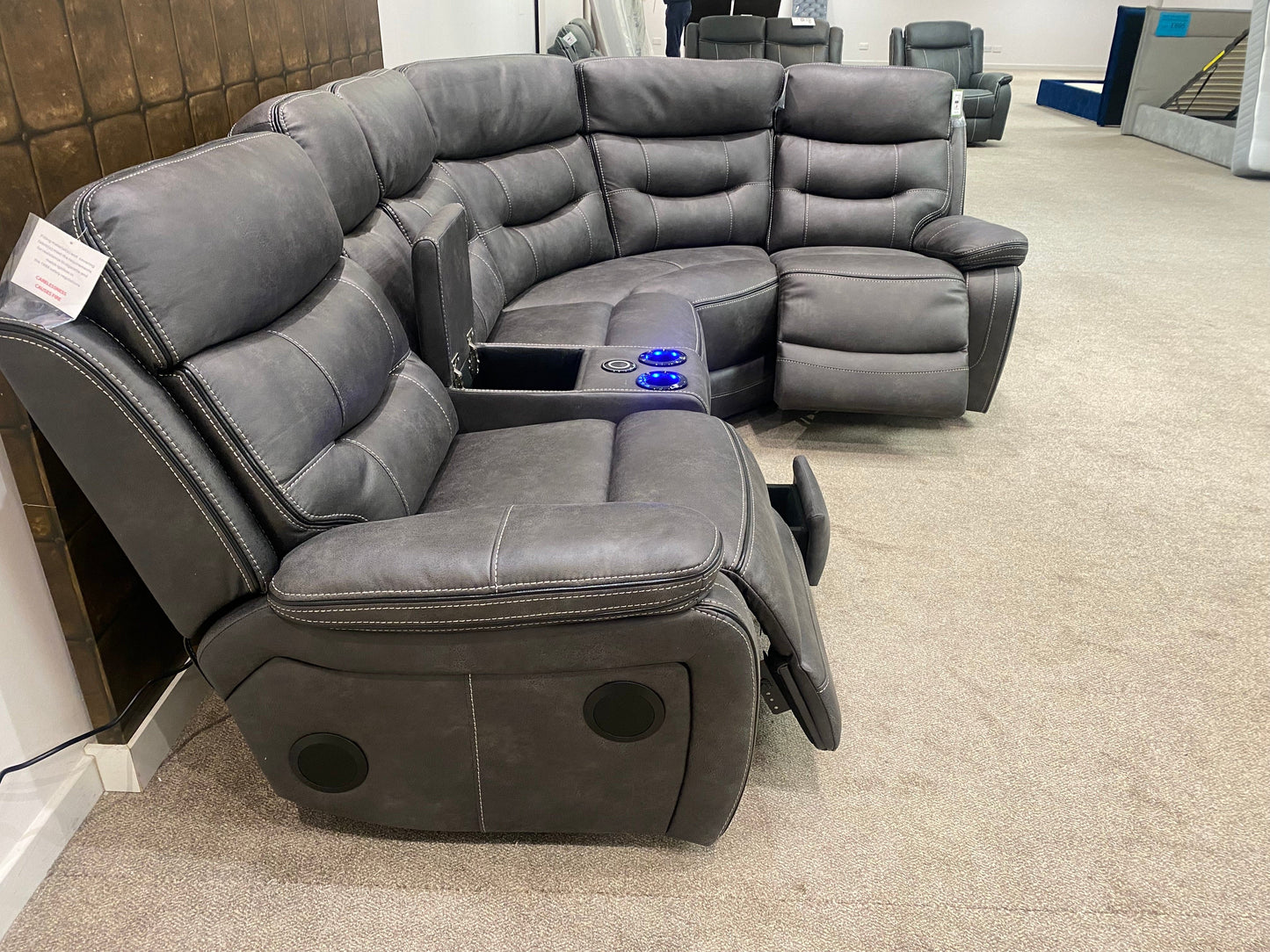 Cinema LHF Corner Sofa | Power Headrests | Drinks Coolers | Wireless Charging | Bluetooth Speakers | Express Smart Tech Grey Fabric Power Recliner Corner Sofa