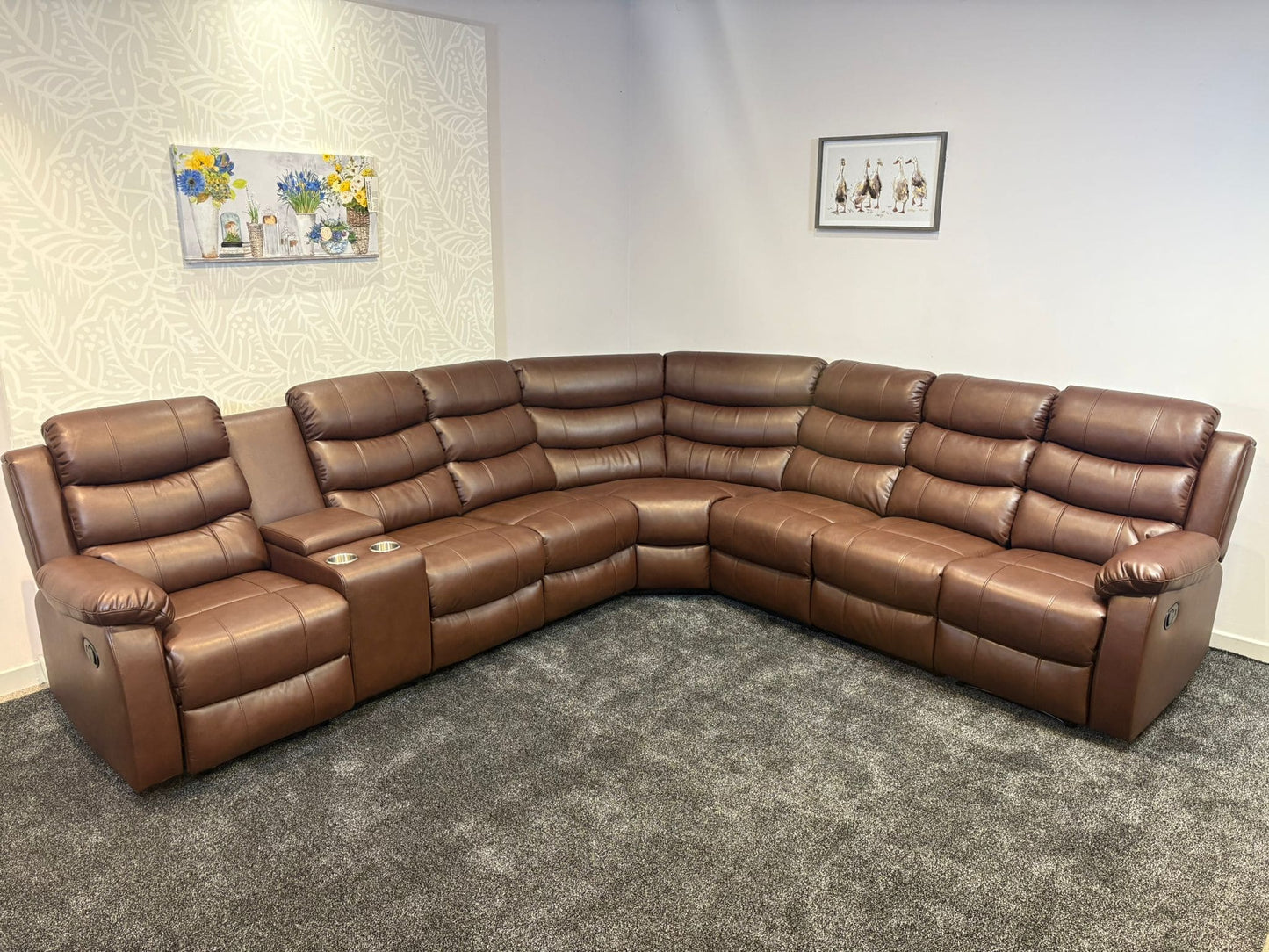 "Lando" Brown Leather 3C3C Recliner Corner Sofa Reversible | Drinks Tray Table | Modular