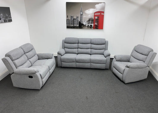 SPECIAL OFFER "Lewson" Manual Reclining Grey Fleck Fabric Sofa Set + Drinks Tray Table