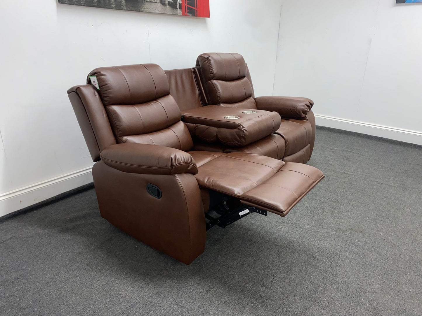 Lando Recliner Brown Leather 3 + 1 + 1 Seater Sofa (Couch) Set With Drop Down Drinks Table & 2 Stage Recliner Motion