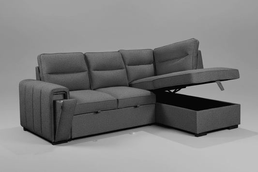 (Back in stock 15th August) 'Musk' Dark Grey Fabric Right Hand Facing Corner Sofa Bed With Storage & Drinks Holder