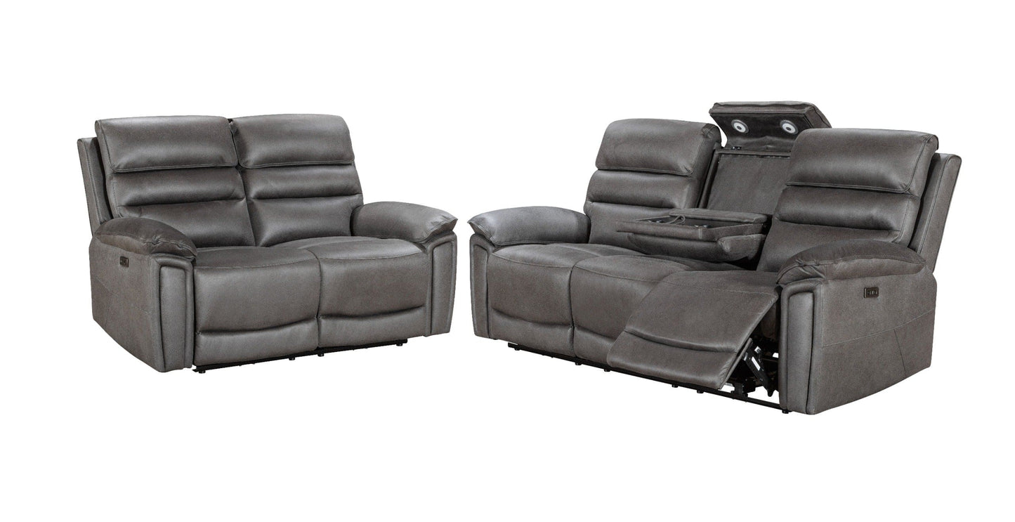 Donald Grey Suede Fabric Electric / Power Reclining Sofa Range Suite Set With USB Charging Ports & Drop Down Tray Table