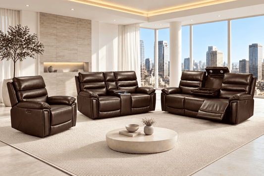 Calisese Brown Leather Electric Reclining Sofa Range Suite Set With USB Charging Ports & Drop Down Tray Table