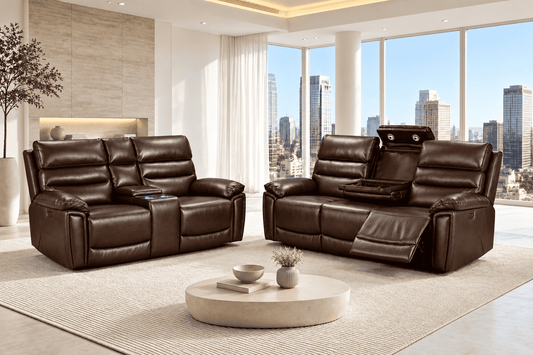 BUNDLE DEAL! Calisese Brown Leather Electric Reclining 3 Seater + 2 Seater With Drinks Console + Armchair Sofa Range Suite Set With USB Charging Ports & Drop Down Tray Table