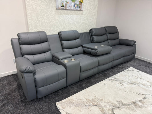Lando Grey Leather 5 Seater Sofa With Drinks Console | Fold Down Tray Table, High Headrest & Seating Position Couch