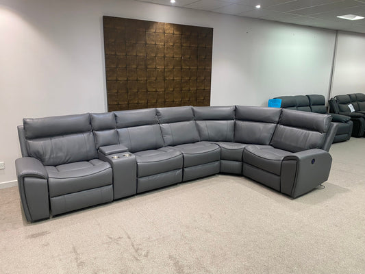 " Ronan " Milano Leather Sectional 6 Unit RHF Power Recliner Corner Sofa With USB Charing Ports + Drinks Console