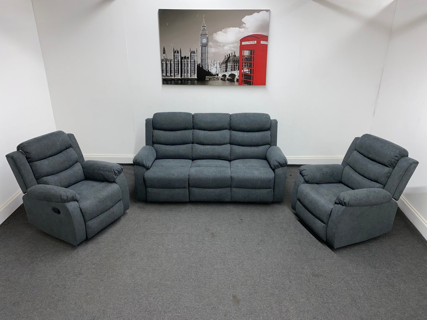 ‘Lewson’ Charcoal Grey Fabric Recliner 3 + 1 + 1 Seater with Drinks Tray Table