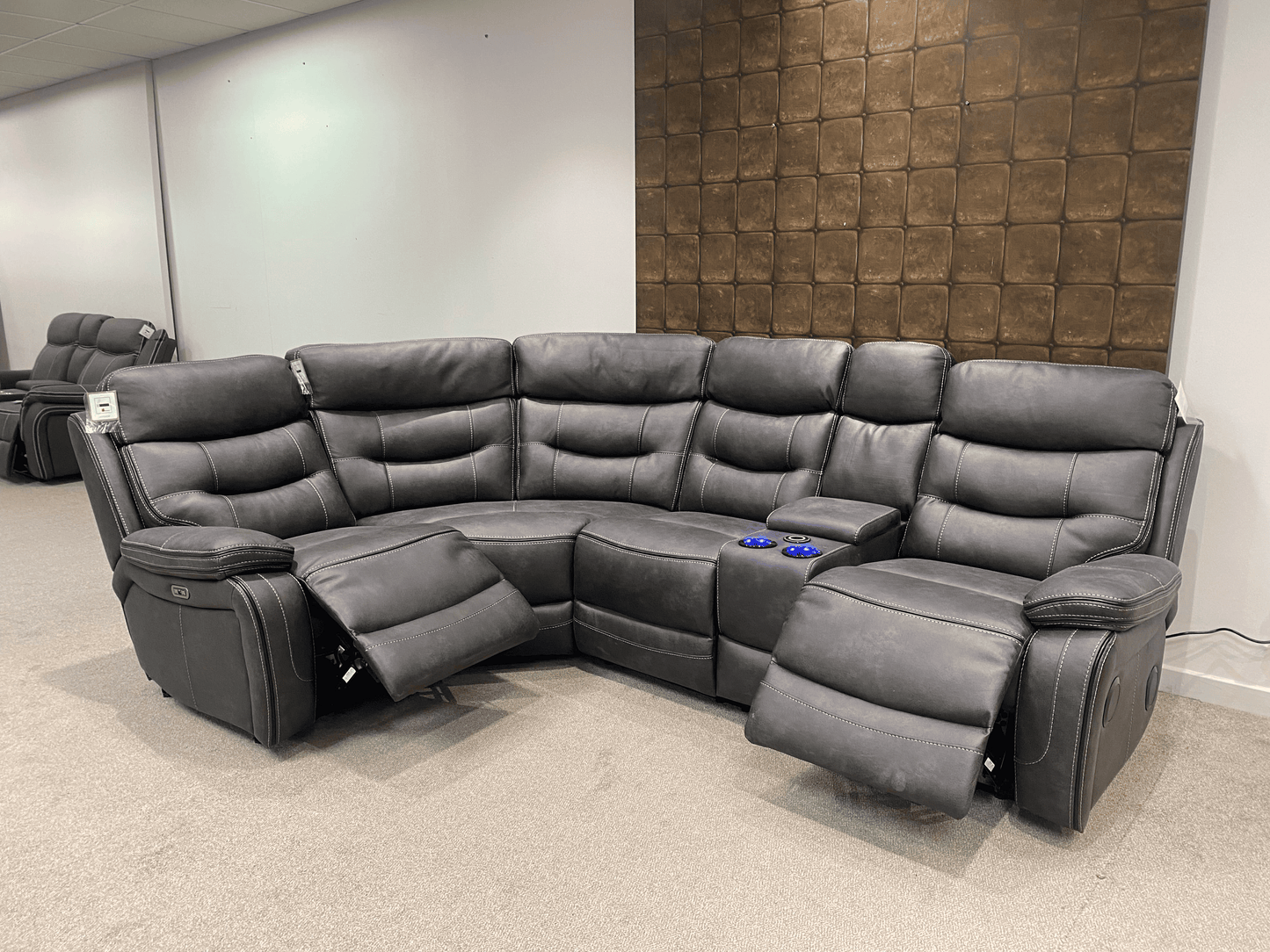 Cinema LHF Corner Sofa | Power Headrests | Drinks Coolers | Wireless Charging | Bluetooth Speakers | Express Smart Tech Grey Fabric Power Recliner Corner Sofa