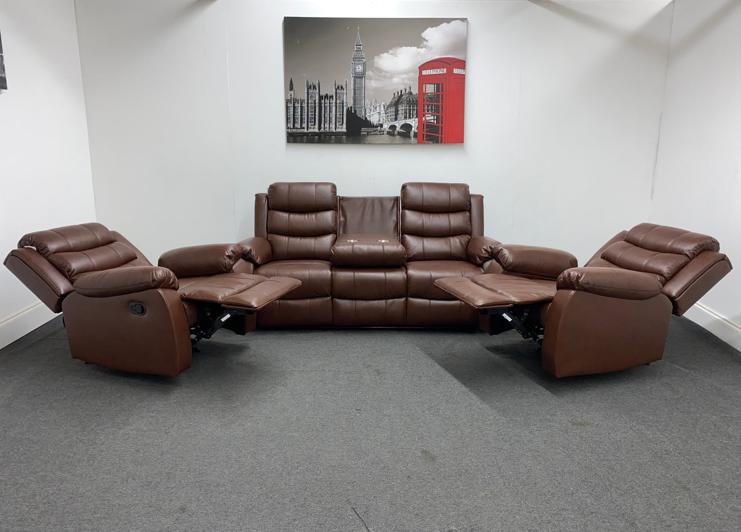 Lando Recliner Brown Leather 3 + 1 + 1 Seater Sofa (Couch) Set With Drop Down Drinks Table & 2 Stage Recliner Motion