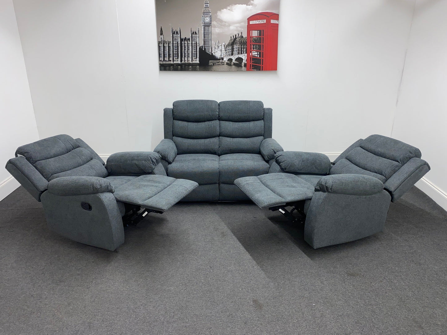 ‘Lewson’ Charcoal Grey Fabric Recliner 2 + 1 + 1 Seater Sofa + Armchair Sofa Suite Set | Couch |
