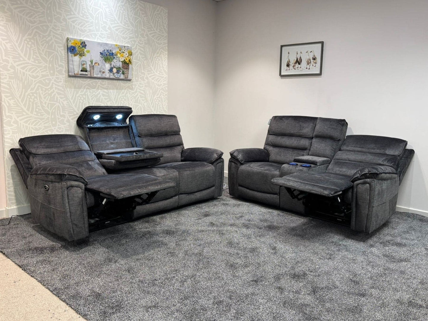 The “ Donald " Electric / Power Reclining Charcoal Grey Fabric Sofa Set - USB Charging & Drinks Tray Table Plus High Seating & Backrest Position | Couch |