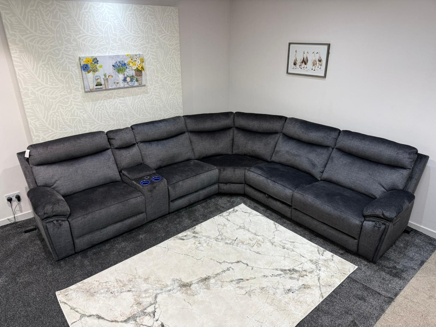 "Xavier" Grey Plush Fabric Power Recliner Corner Sofa With USB Charging Ports, Drinks Cooling Cup Holders Plus Many More Modern Features