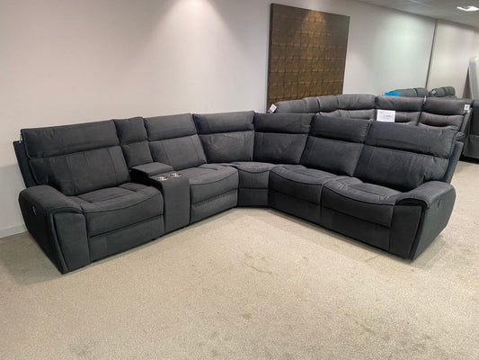 " Ronan " Sectional 6 Unit Plush Fabric Power Recliner Corner Sofa With USB Charing Ports + Drinks Console | Couch |