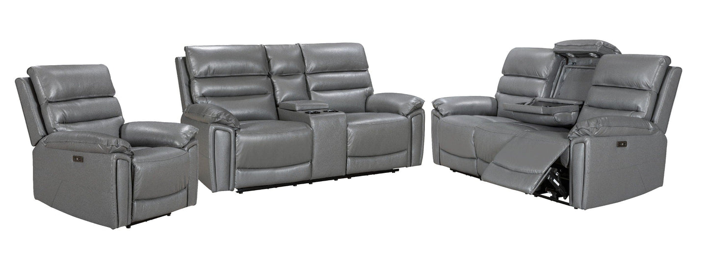 Donald Grey Leather Electric / Power Reclining Sofa Range Suite Set With Drinks Coolers USB Charging Ports & Drop Down Tray Table