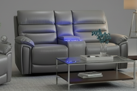BUNDLE OFFER! DFS Lawson Grey Leather Electric Reclining 3 Seater + 2 Seater With Drinks Cooler Console + Armchair Sofa Set With USB Charging Ports & Drop Down Tray Table With Reading Lights